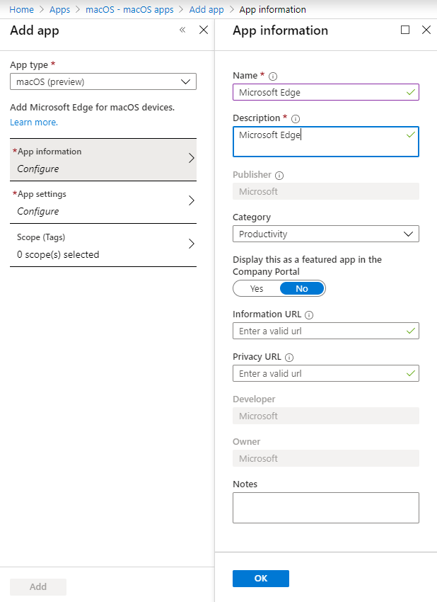 Configuring Edge app information for macOS